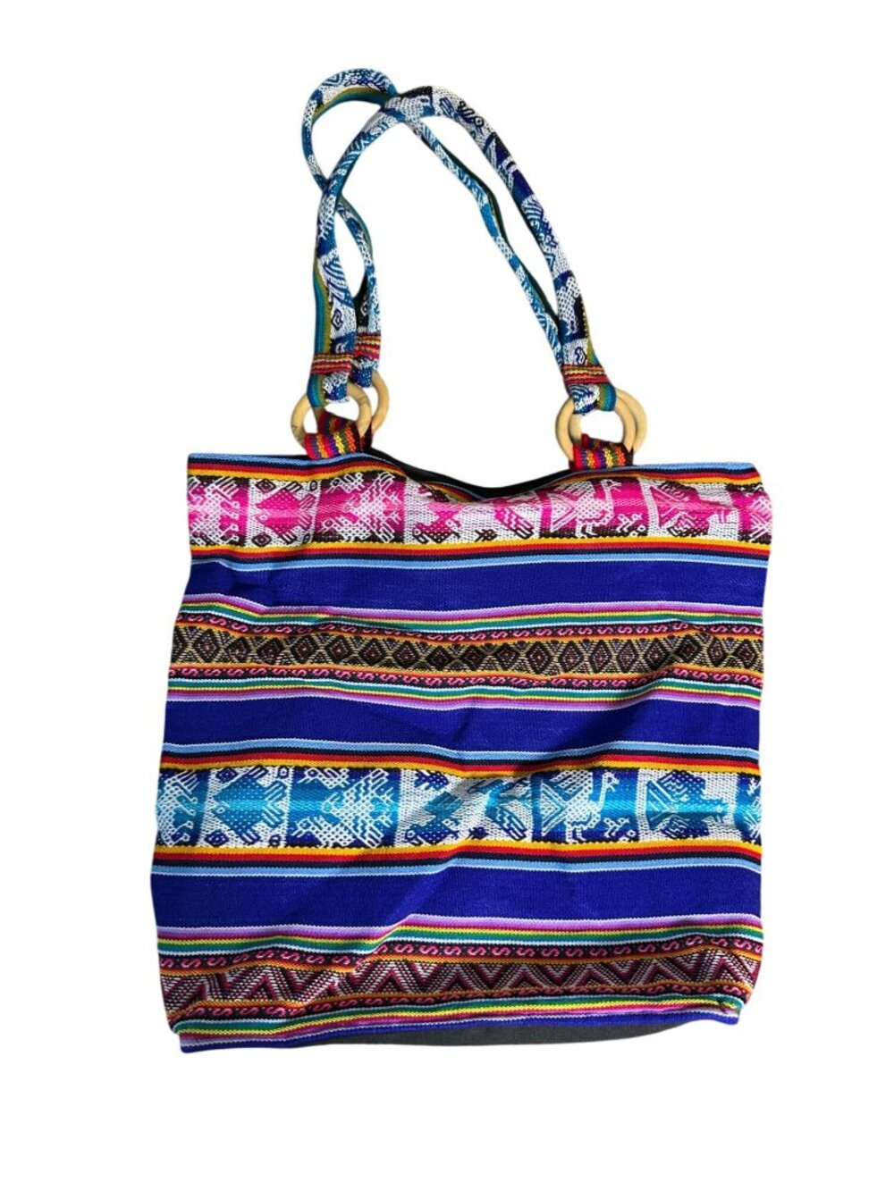 Boho Woven Tote Bag Blue Pink Geometric Llama Pattern Shoulder Purse Hippie